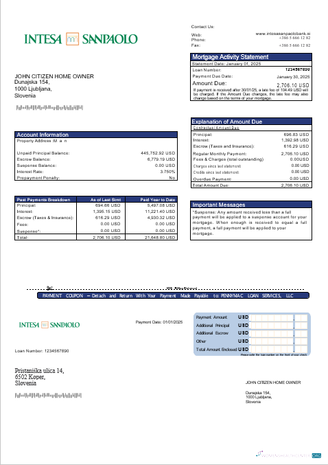 Download Slovenia Intesa Sanpaolo bank mortgage statement in Word and PDF formats Photoshop template